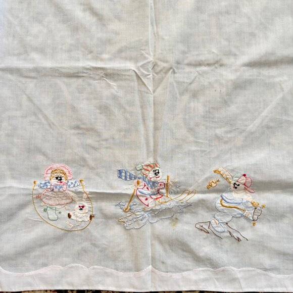 Vintage Embroidered Baby Crib Flat Sheet  Jump Rope Skiing Baseball White Pink - Picture 8 of 9